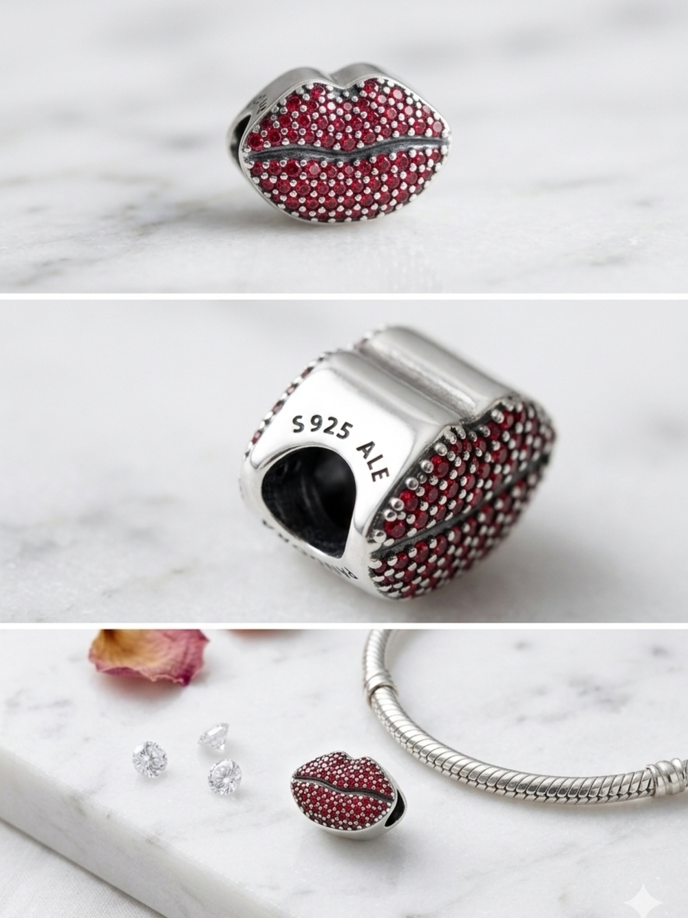 Pandora Sterling Silver Lip Charm with Red Pave Stones